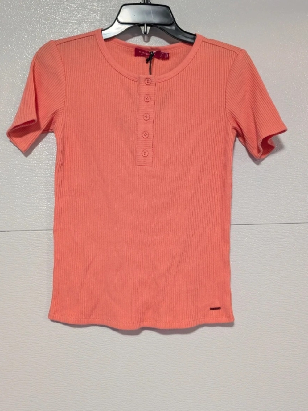 N: Philanthropy Short Sleeve Ribbed Henley Top - Coral Pink